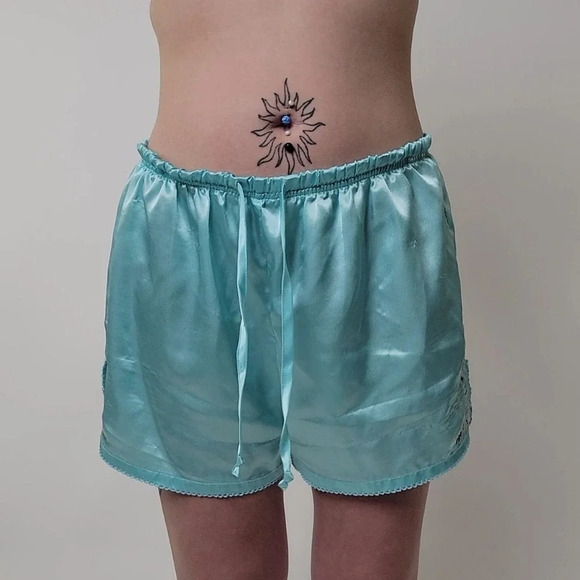 Baby Blue Silky Embroidered Pajama Shorts M - Picture 1 of 7